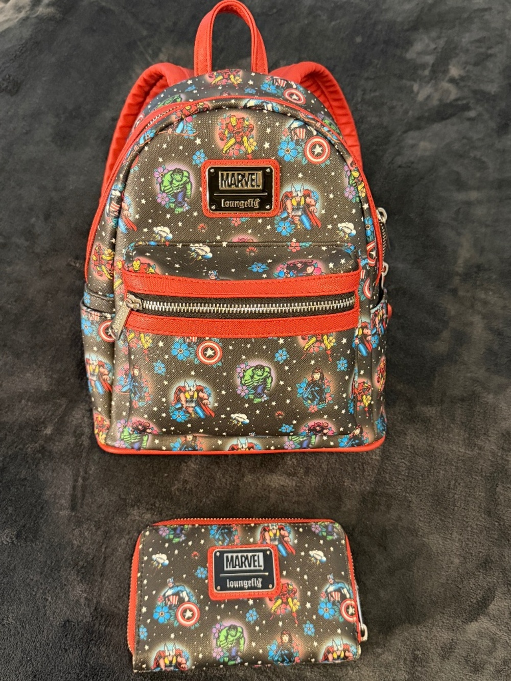 Loungefly Marvel Avengers Tattoo Floral Red/Black Mini Backpack & Wallet Set